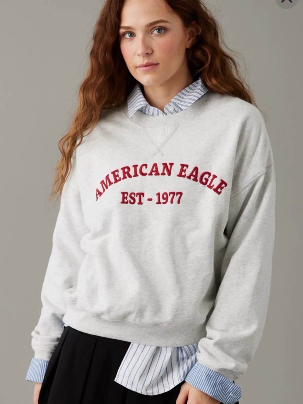 American Eagle Outfitters Light Gray Crewneck Sweatshirt with Red Arch Logo